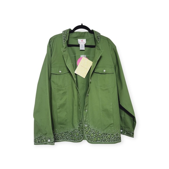 QUACKER FACTORY Plus 3X NWT Green Rhinestone Embellished Stretch Cotton Jacket - Picture 10 of 11